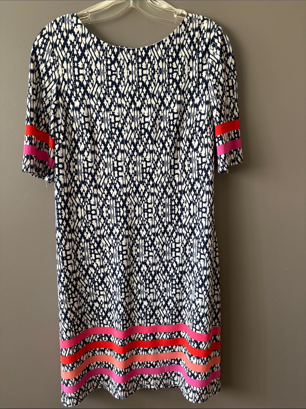 Eliza J Navy and White Patterned Midi Dress with Pink and Red Trim